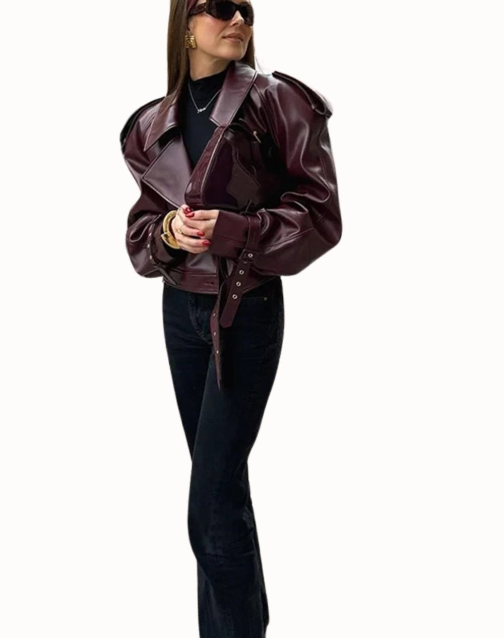 Women's Oversized Belted Faux Leather Moto Jacket