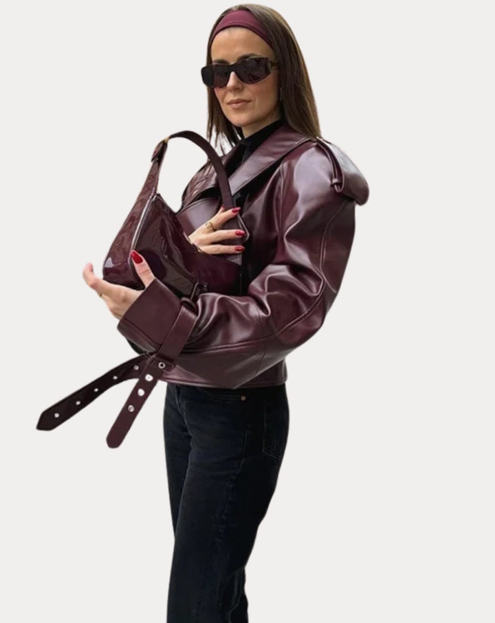 Women's Oversized Belted Faux Leather Moto Jacket
