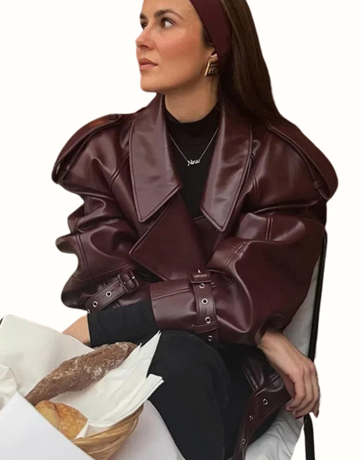 Women's Oversized Belted Faux Leather Moto Jacket