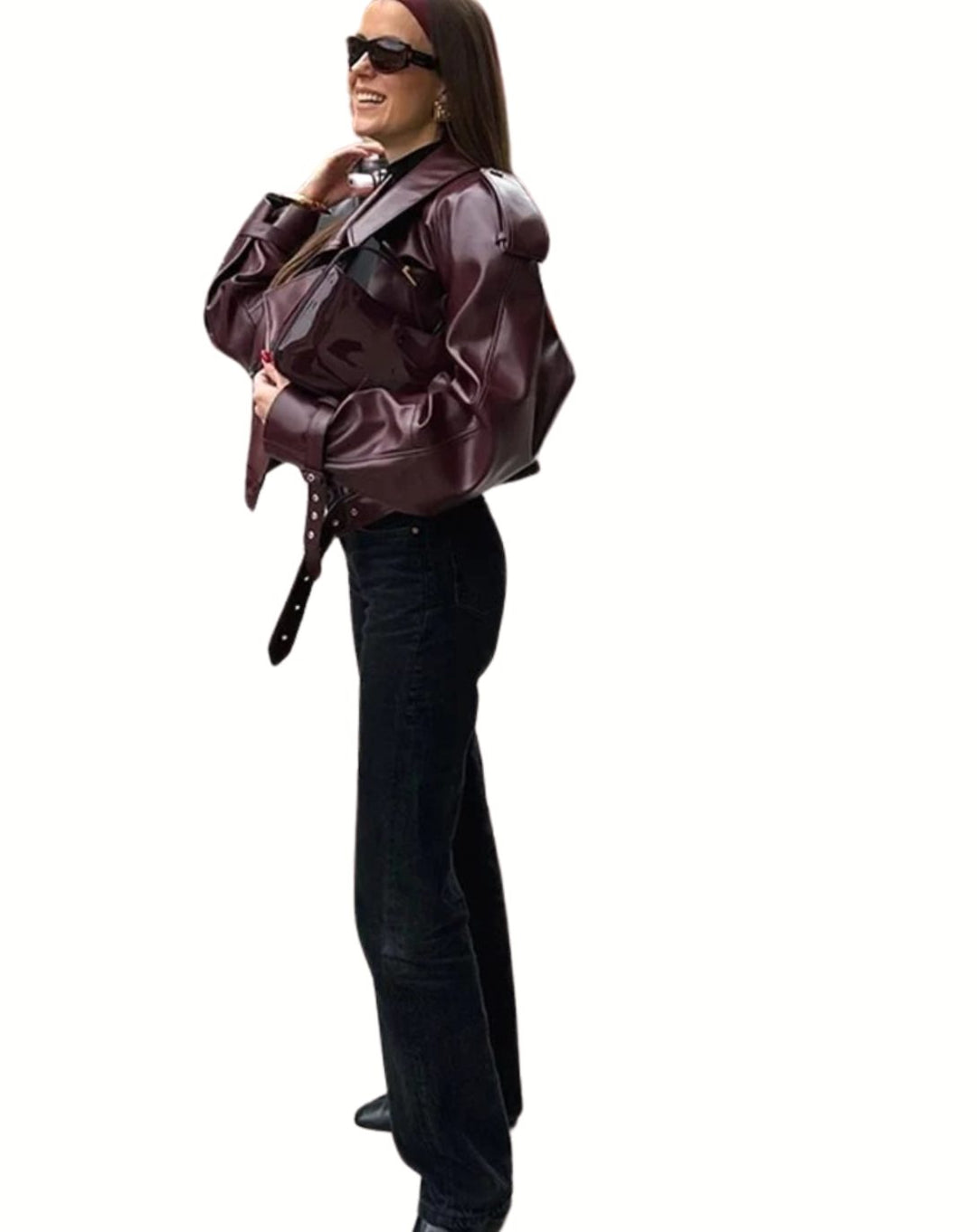 Women's Oversized Belted Faux Leather Moto Jacket