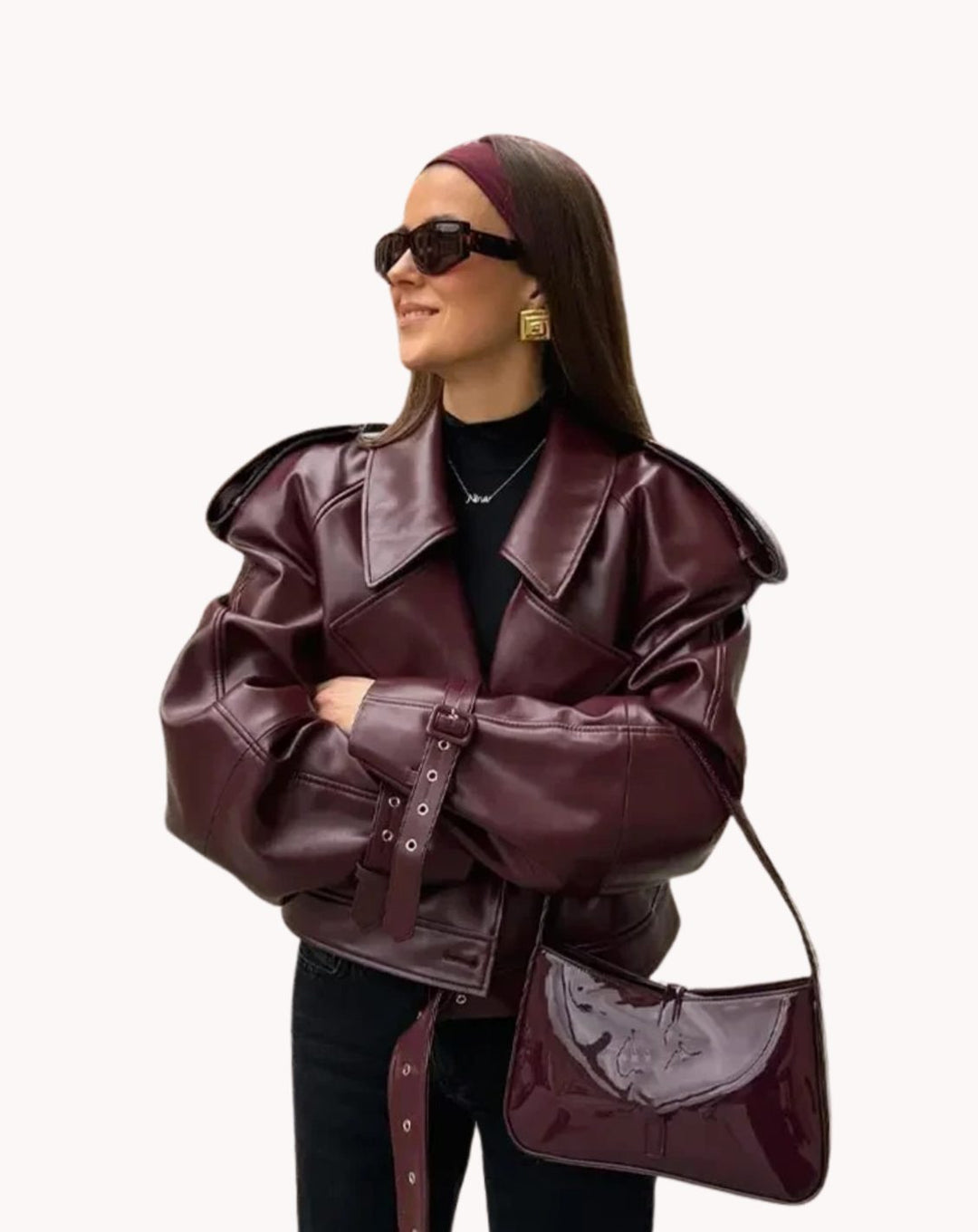 Women's Oversized Belted Faux Leather Moto Jacket - Burgundy