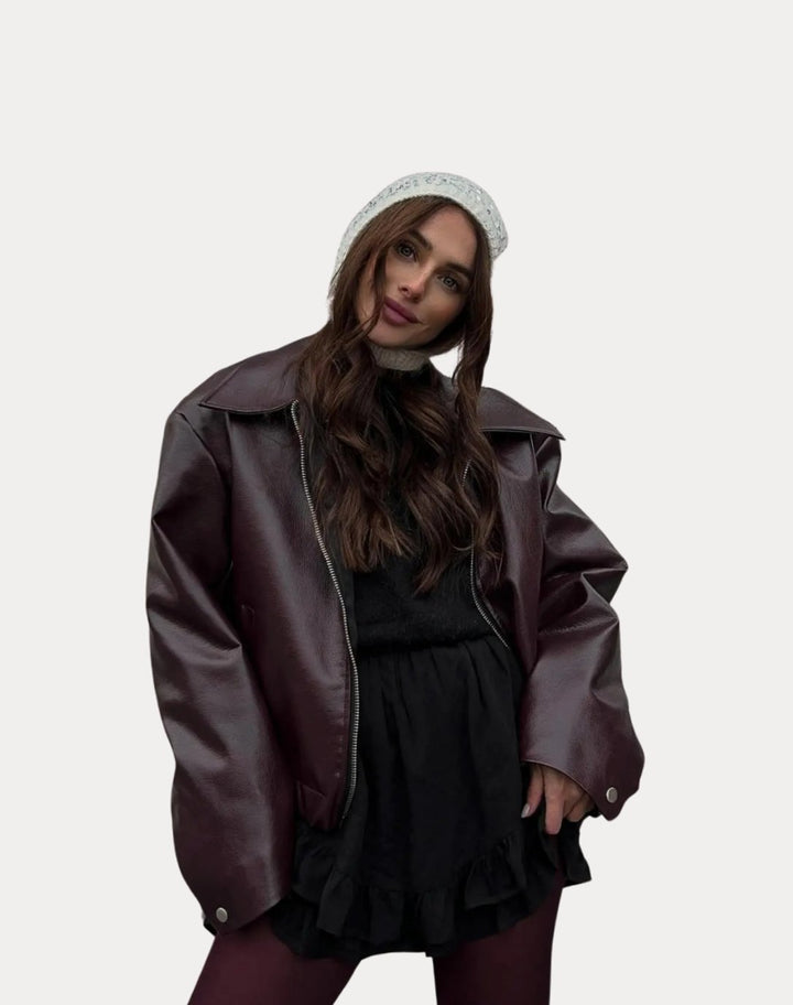 Women's Oversized Belted Faux Leather Moto Jacket - Brown Red