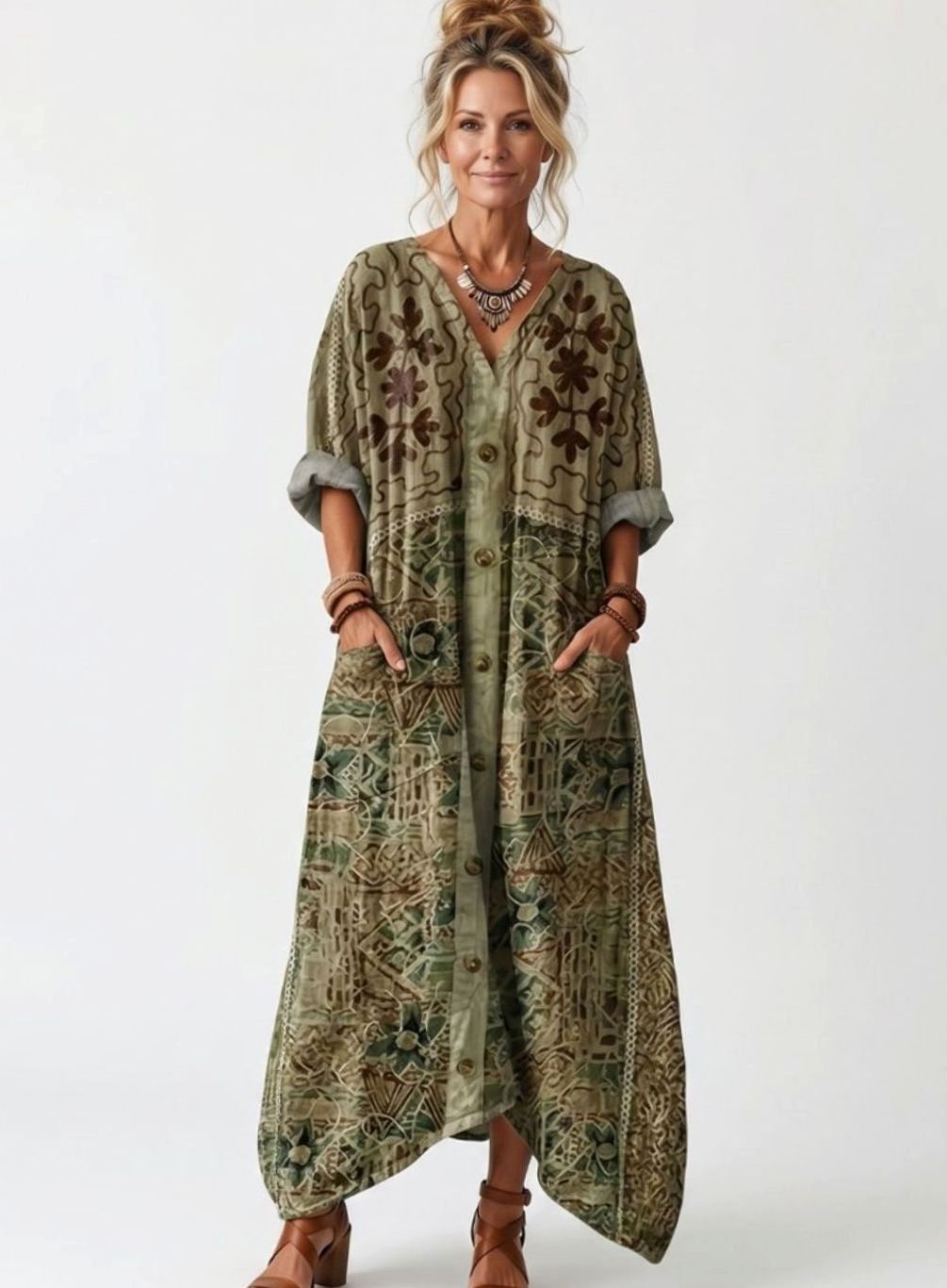 Women's Oversized Button-Front Embroidered Boho Midi Dress