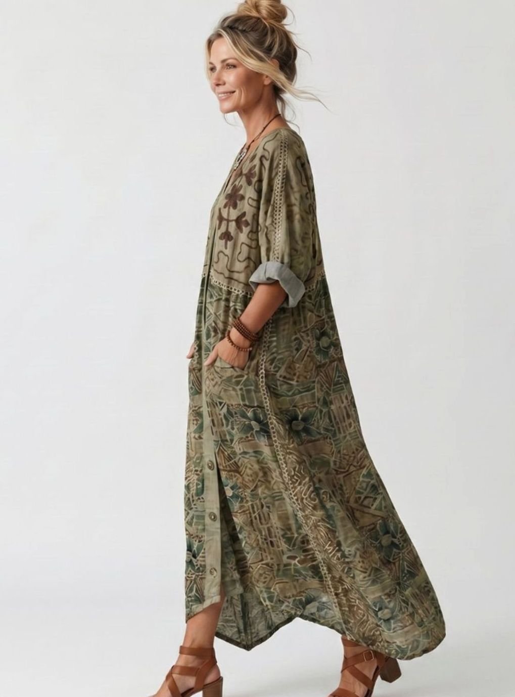 Women's Oversized Button-Front Embroidered Boho Midi Dress