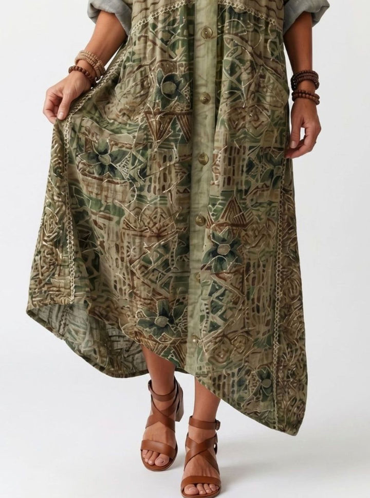 Women's Oversized Button-Front Embroidered Boho Midi Dress