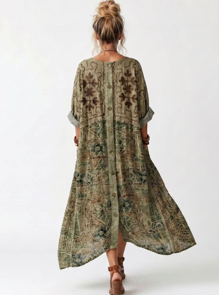 Women's Oversized Button-Front Embroidered Boho Midi Dress
