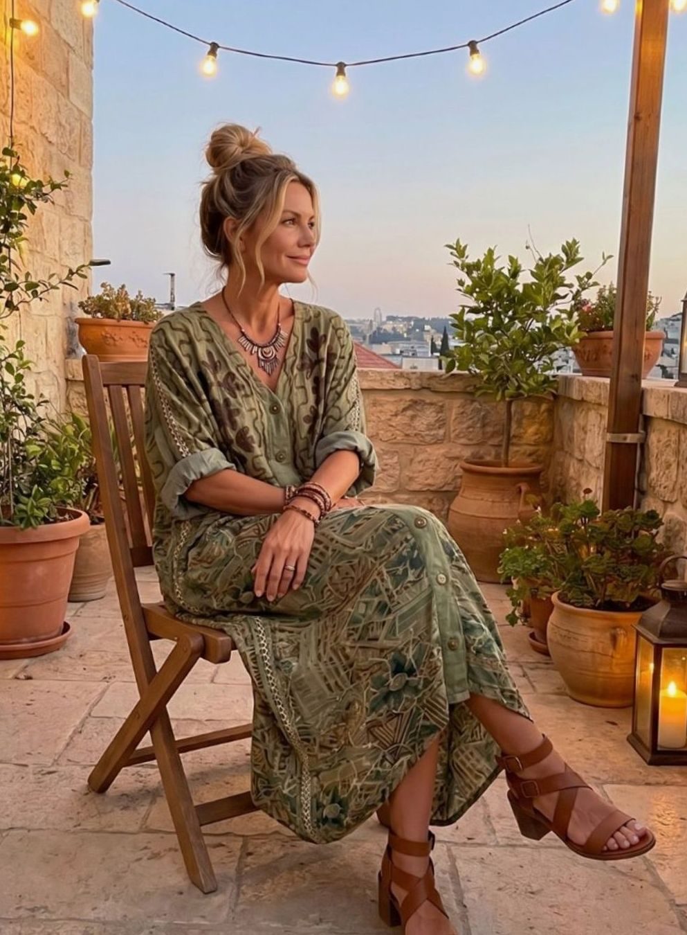 Women's Oversized Button-Front Embroidered Boho Midi Dress
