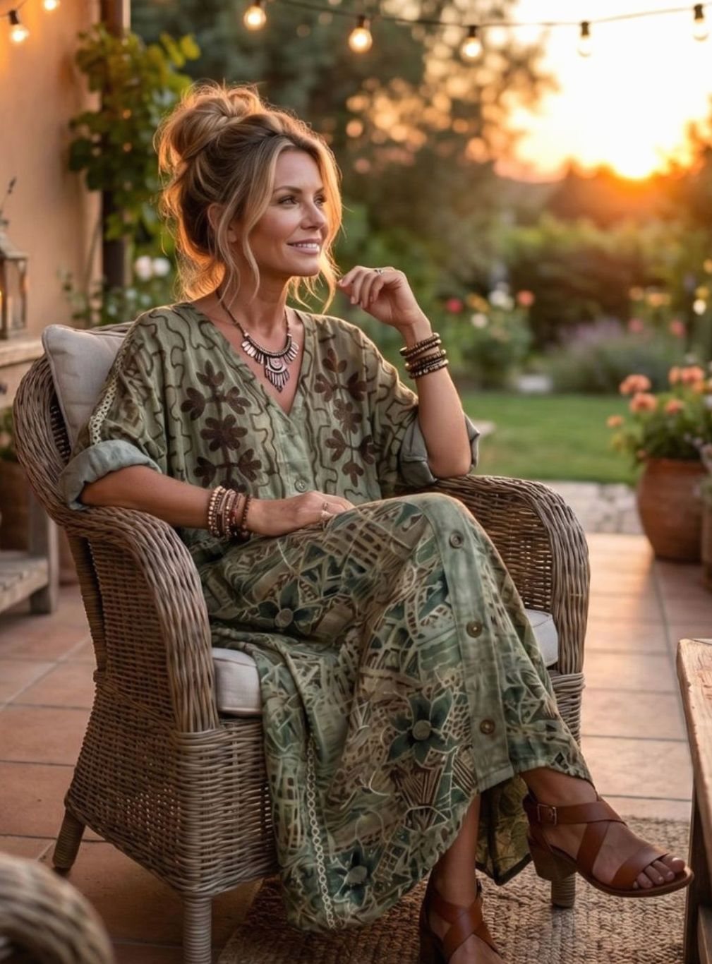 Women's Oversized Button-Front Embroidered Boho Midi Dress