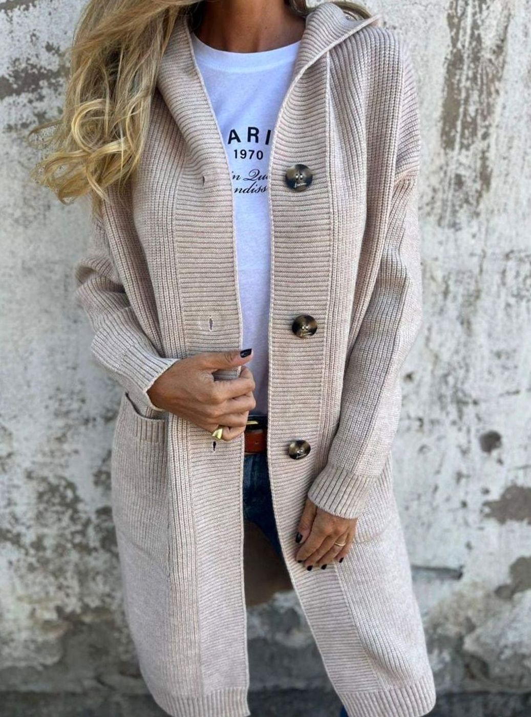 Women's Oversized Chunky Knit Hooded Long Cardigan - Beige