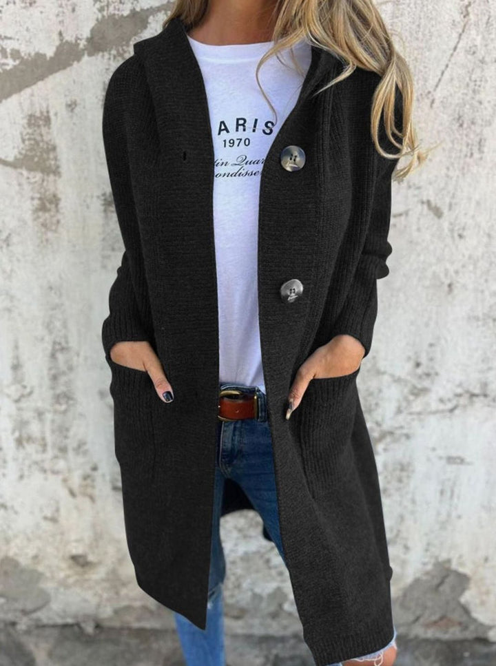 Women's Oversized Chunky Knit Hooded Long Cardigan - Black