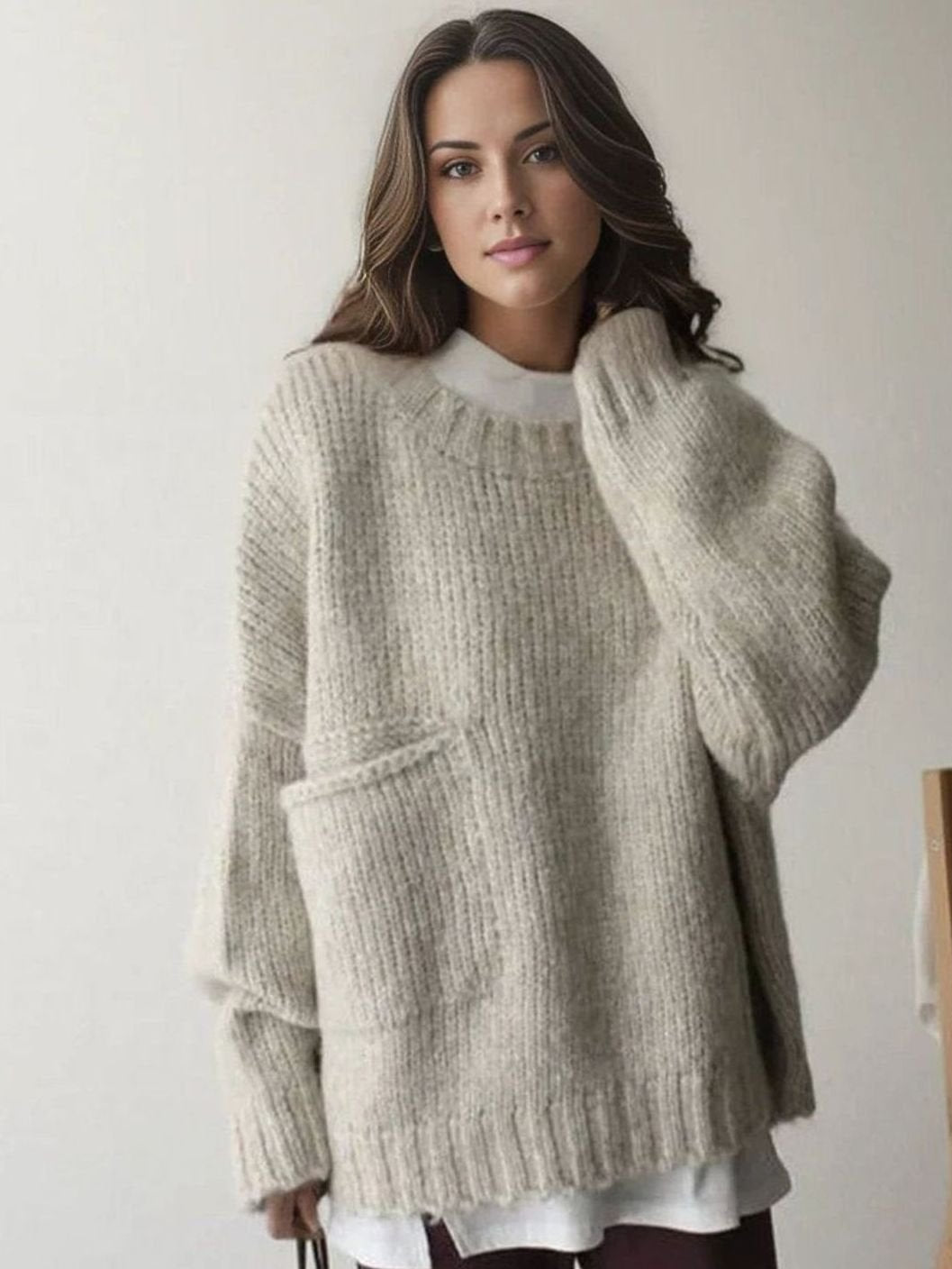 Women's Oversized Chunky Ribbed Knit Crew-Neck Jumper with Pocket