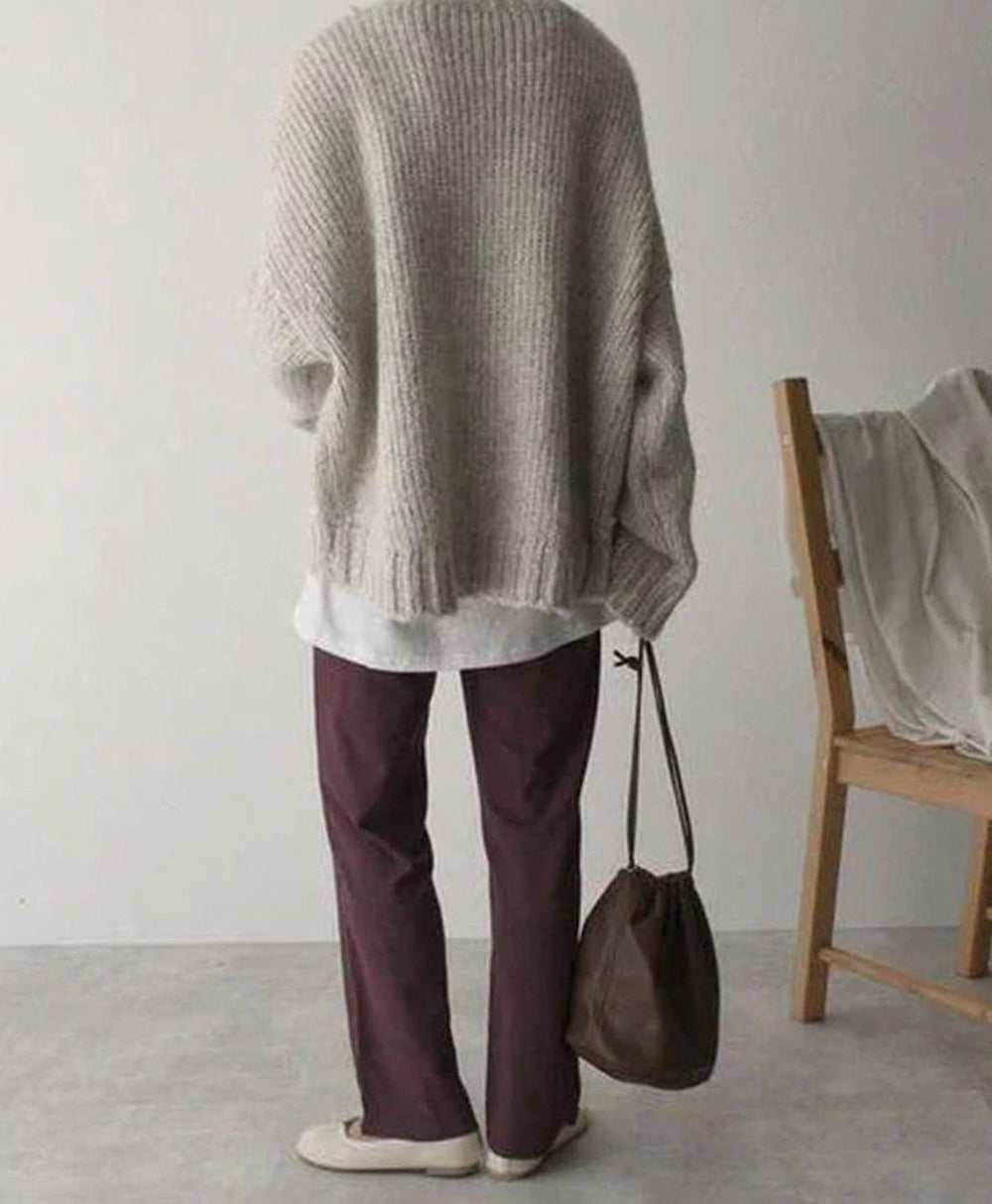 Women's Oversized Chunky Ribbed Knit Crew-Neck Jumper with Pocket