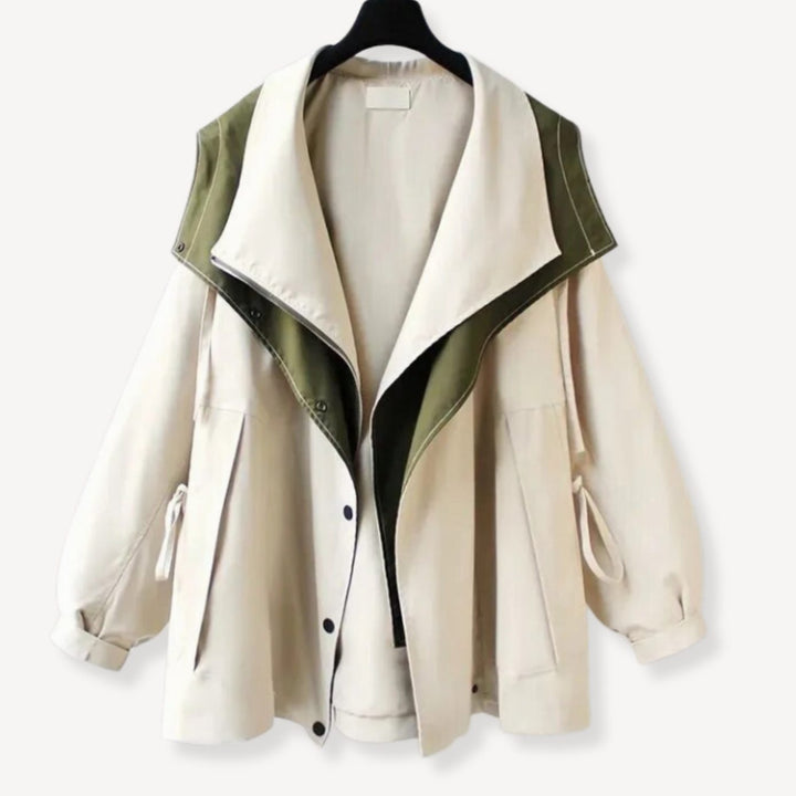 Women's Oversized Colour-Block Hooded Windbreaker Jacket - Cream