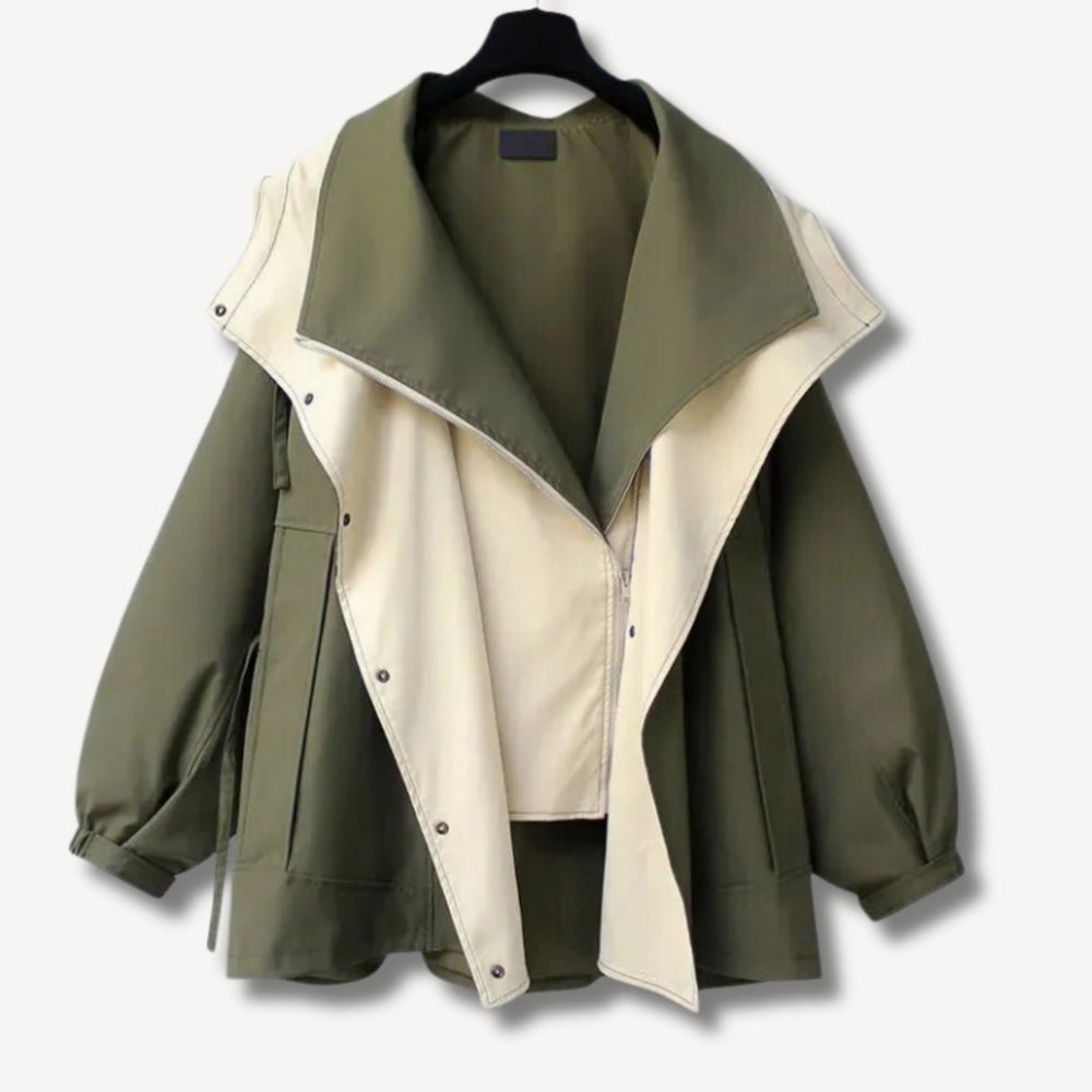 Women's Oversized Colour-Block Hooded Windbreaker Jacket - Olive Green