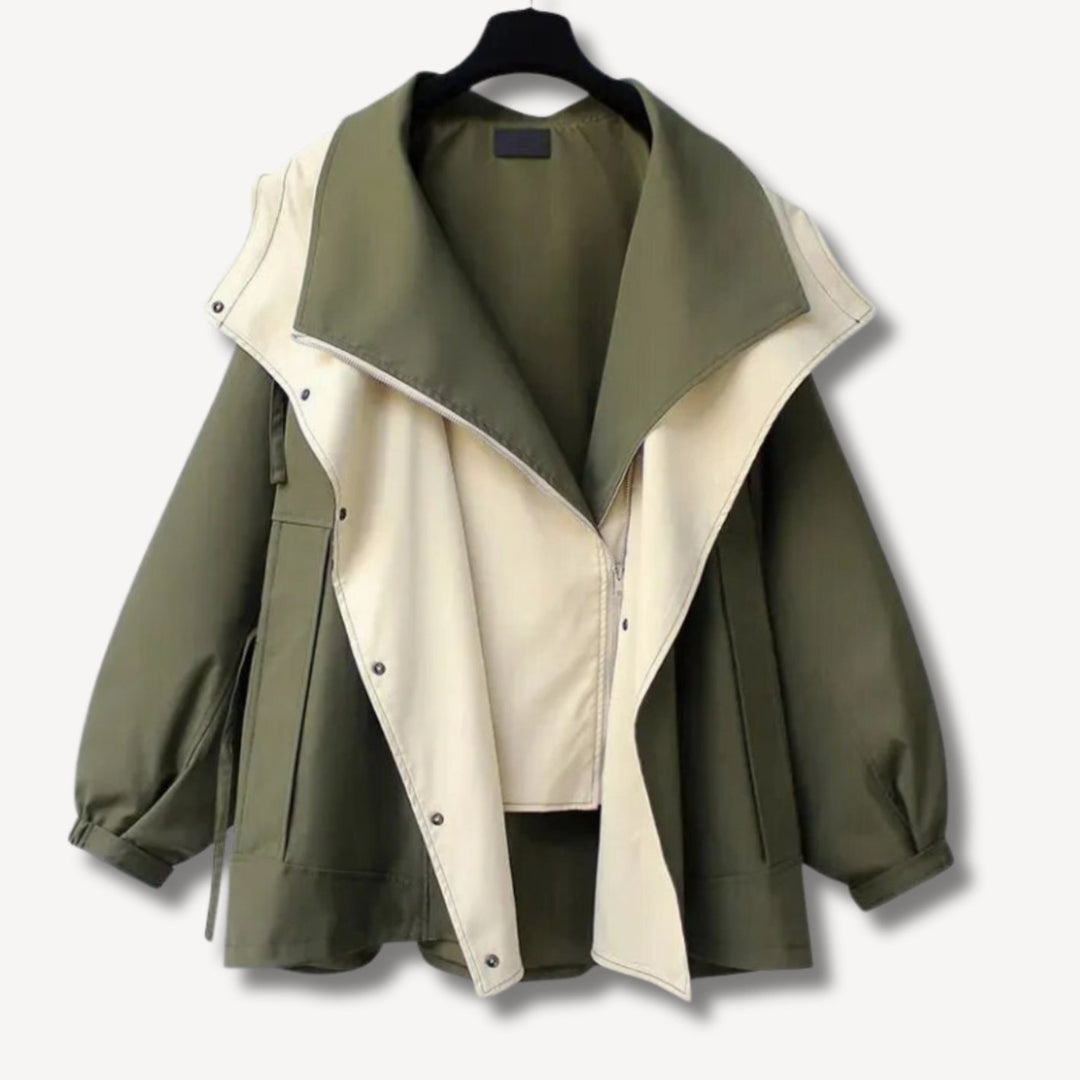 Women's Oversized Colour-Block Hooded Windbreaker Jacket - Olive Green