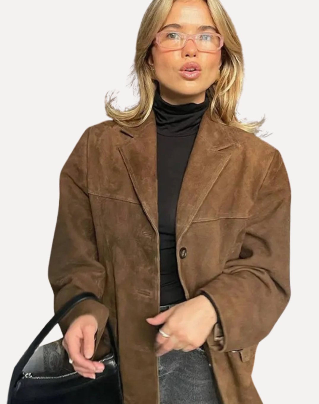Women's Oversized Faux Suede Notch-Collar Blazer Jacket - Brown