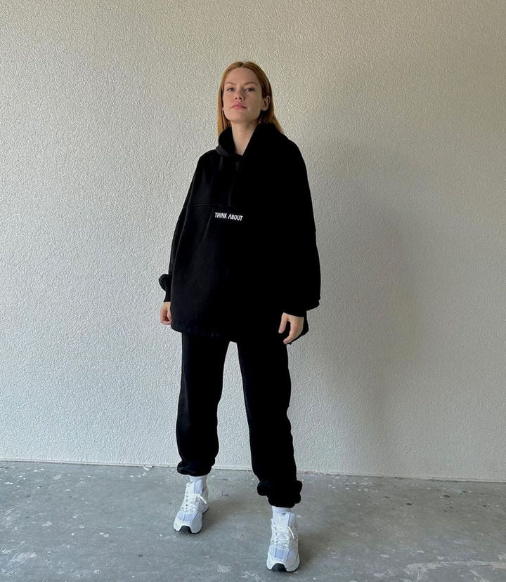 Women's Oversized Fleece-Lined Slogan Hoodie Kangaroo Pocket - Black