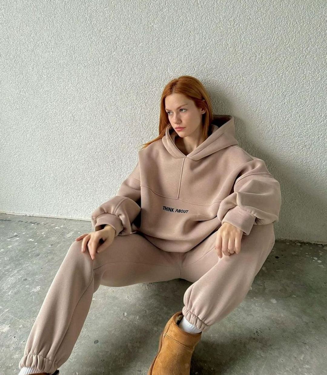 Women's Oversized Fleece-Lined Slogan Hoodie Kangaroo Pocket - Apricot