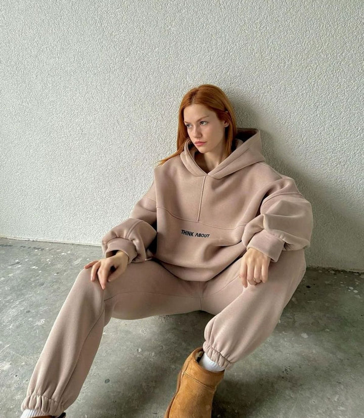 Women's Oversized Fleece-Lined Slogan Hoodie Kangaroo Pocket - Apricot