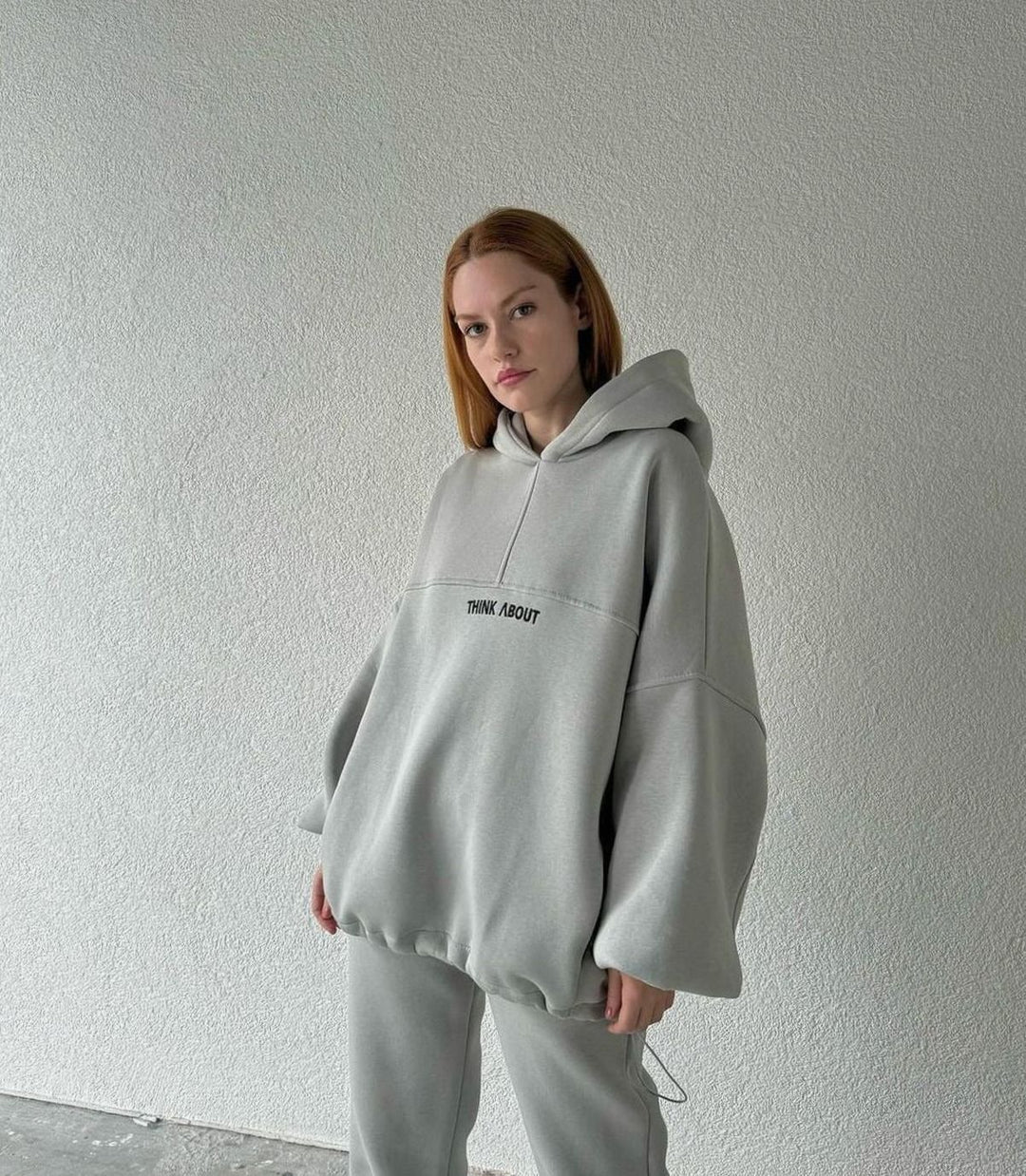 Women's Oversized Fleece-Lined Slogan Hoodie Kangaroo Pocket - Grey