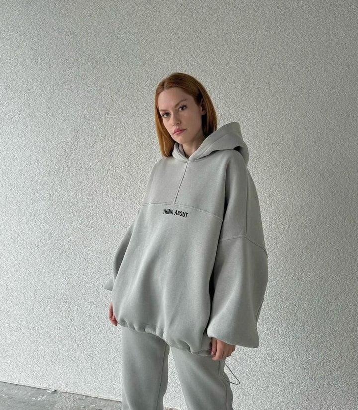 Women's Oversized Fleece-Lined Slogan Hoodie Kangaroo Pocket - Grey