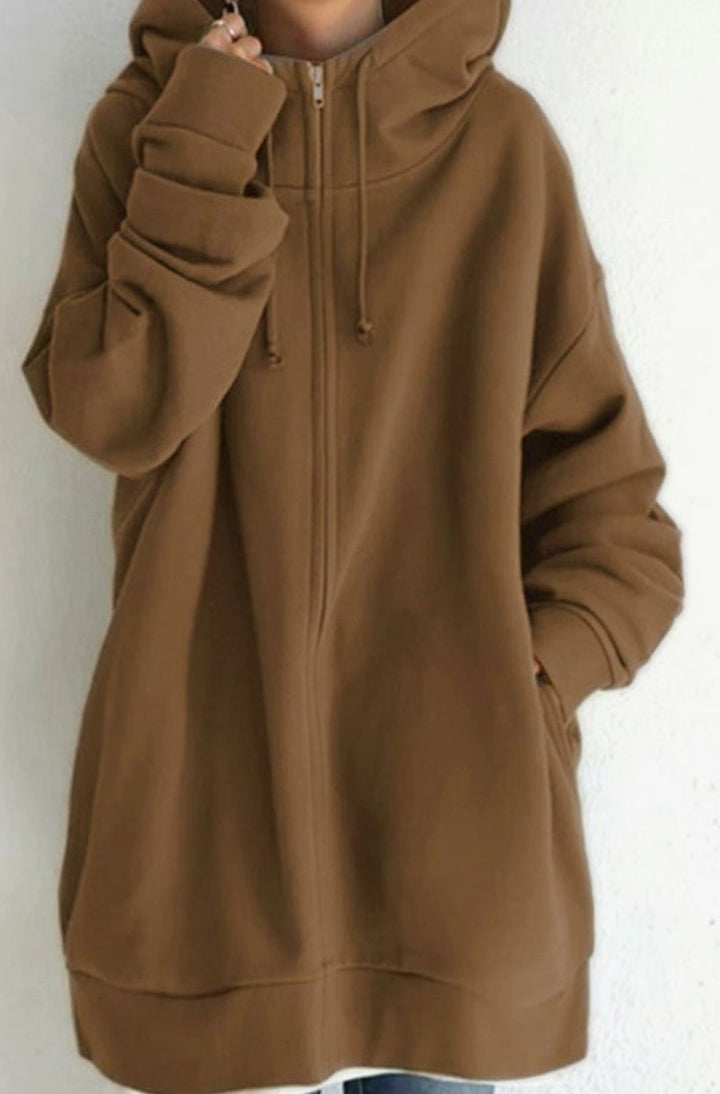 Women's Oversized Mid-Length Full-Zip Drawstring Hoodie - Style 1