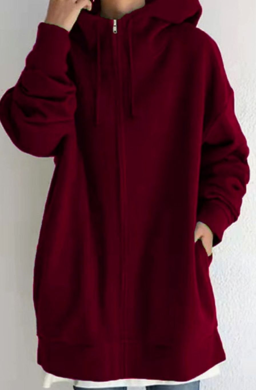 Women's Oversized Mid-Length Full-Zip Drawstring Hoodie - Style 10