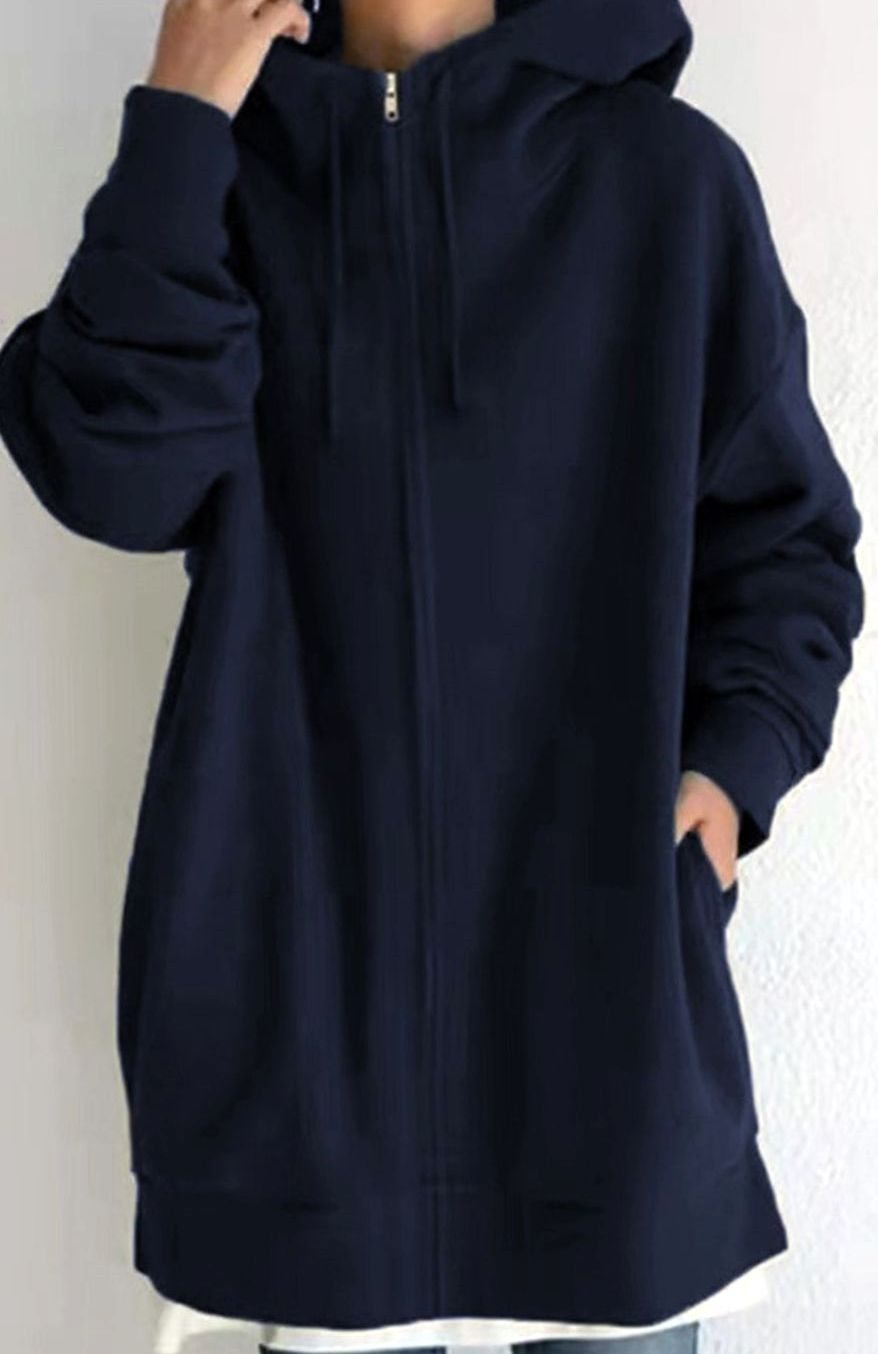 Women's Oversized Mid-Length Full-Zip Drawstring Hoodie - Style 11