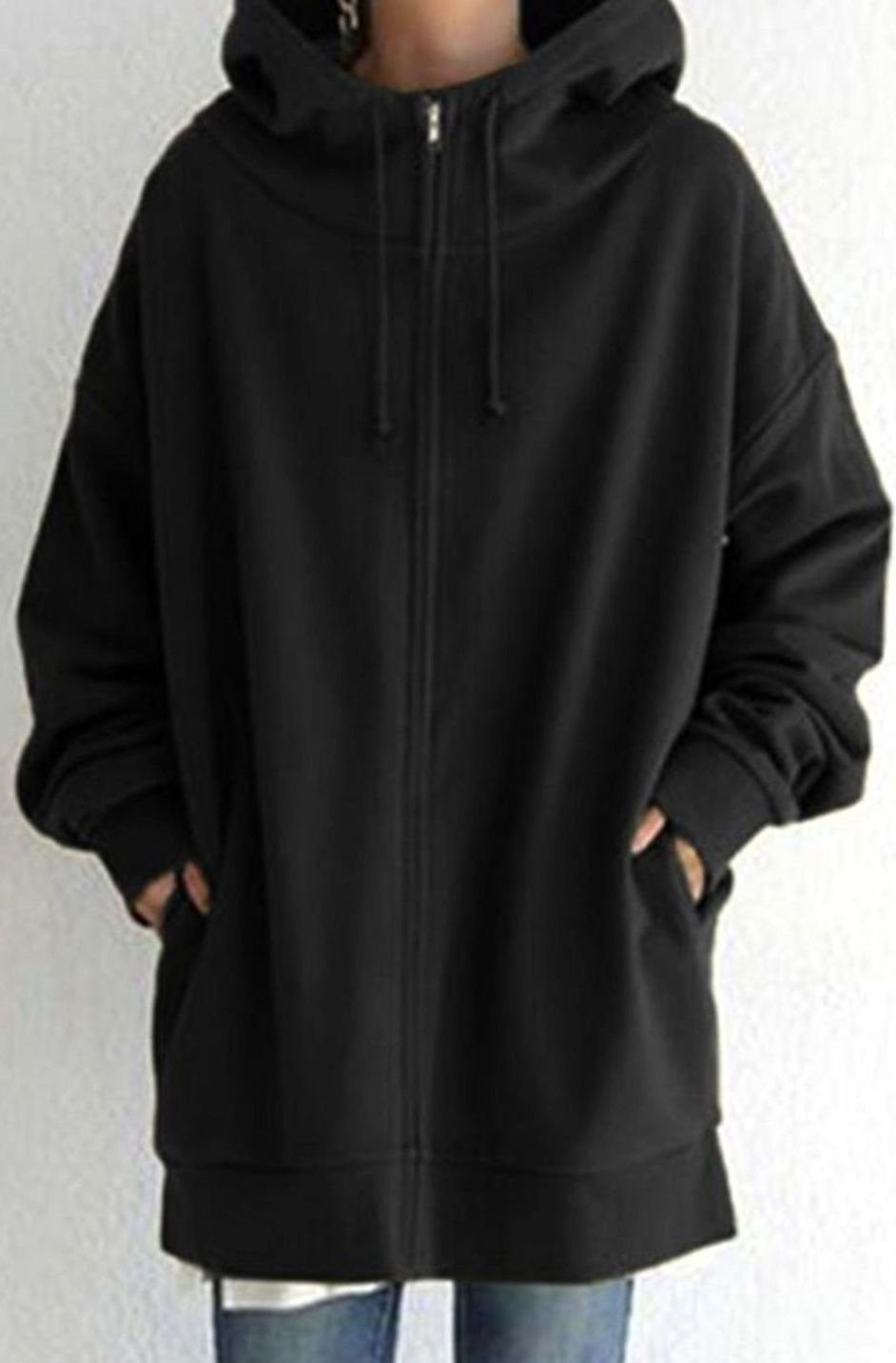 Women's Oversized Mid-Length Full-Zip Drawstring Hoodie - Style 2