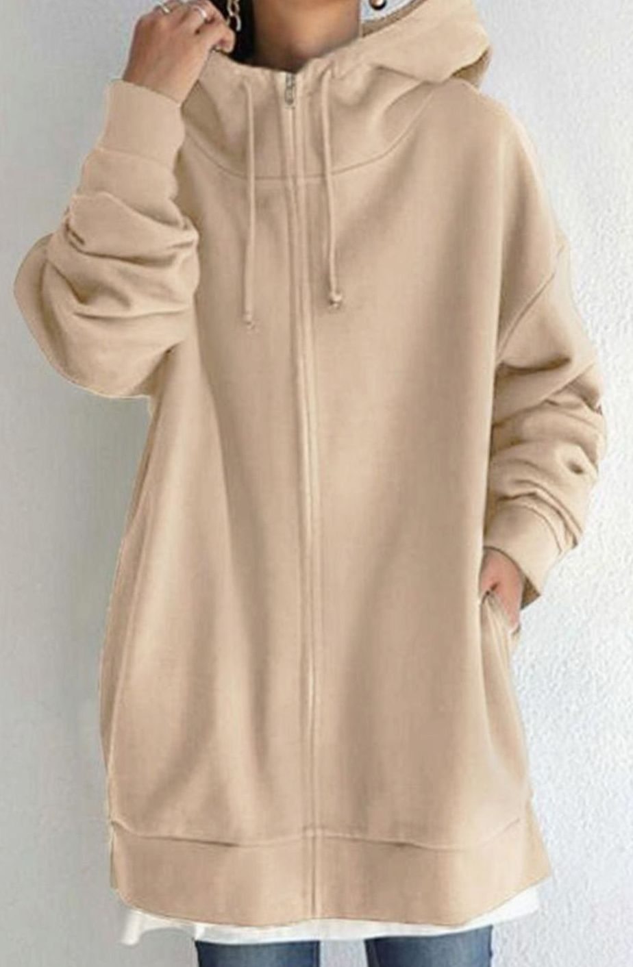 Women's Oversized Mid-Length Full-Zip Drawstring Hoodie - Style 3