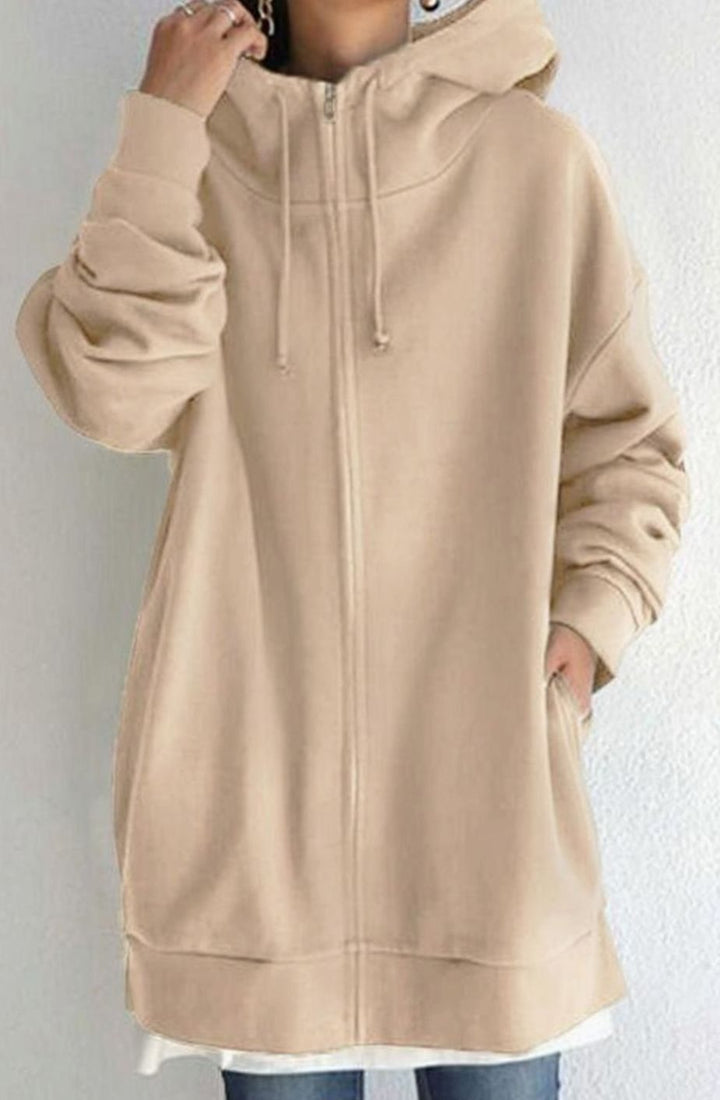 Women's Oversized Mid-Length Full-Zip Drawstring Hoodie - Style 3