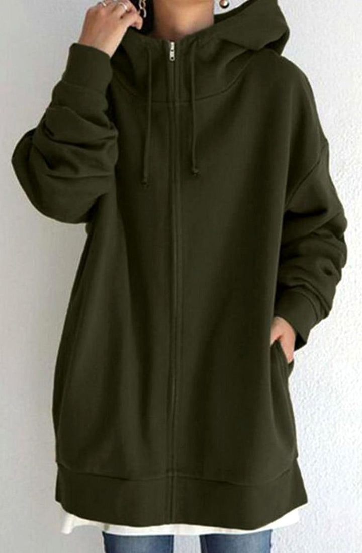 Women's Oversized Mid-Length Full-Zip Drawstring Hoodie - Style 5