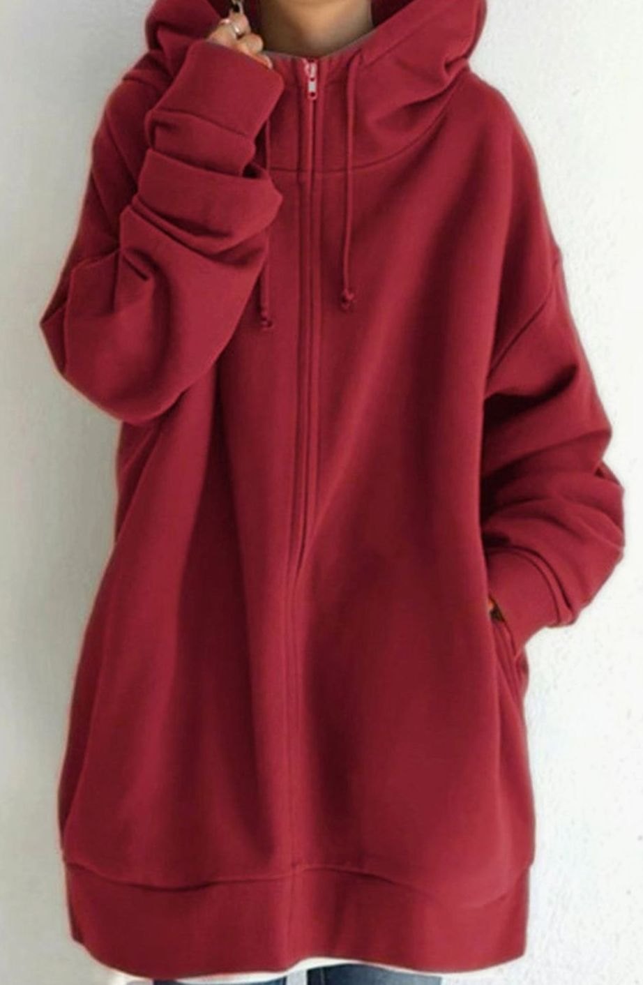 Women's Oversized Mid-Length Full-Zip Drawstring Hoodie - Style 6