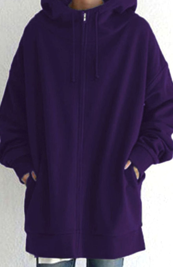 Women's Oversized Mid-Length Full-Zip Drawstring Hoodie - Style 7