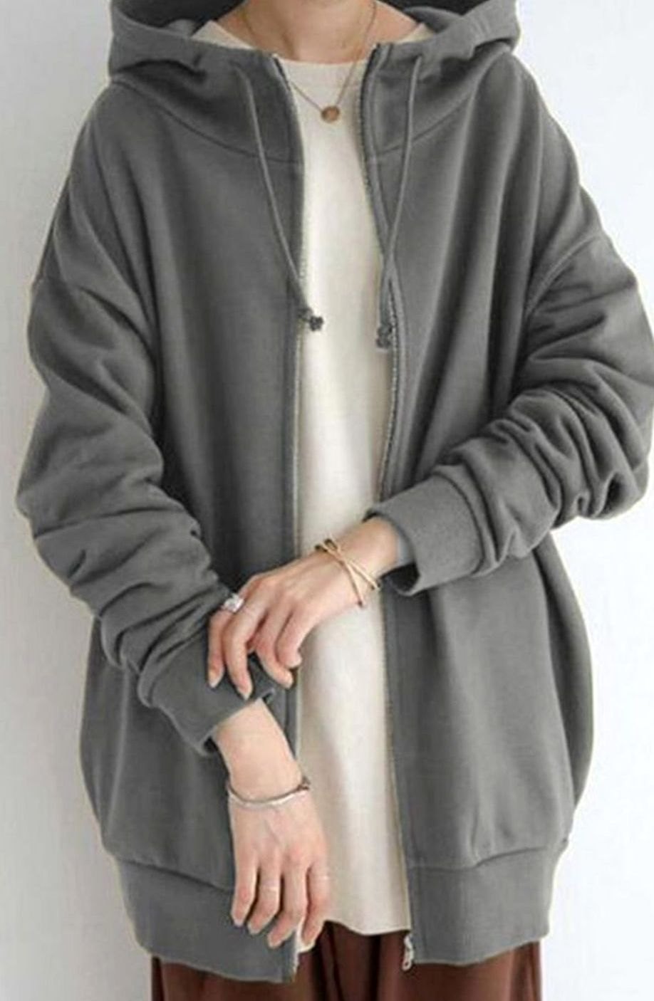 Women's Oversized Mid-Length Full-Zip Drawstring Hoodie - Style 8