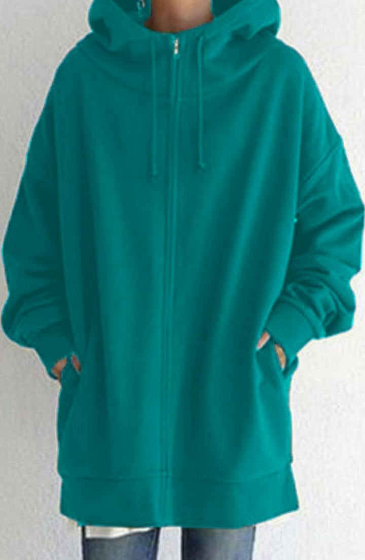 Women's Oversized Mid-Length Full-Zip Drawstring Hoodie - Style 9