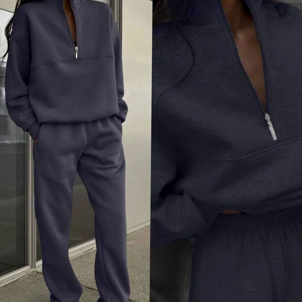 Women's Oversized Quarter-Zip Fleece Sweatshirt Jogger Co-ord Set - Navy Blue