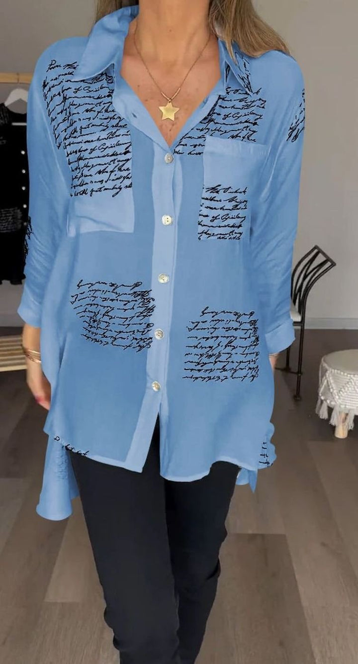 Women's Oversized Script-Print Button-Up Shirt - Blue