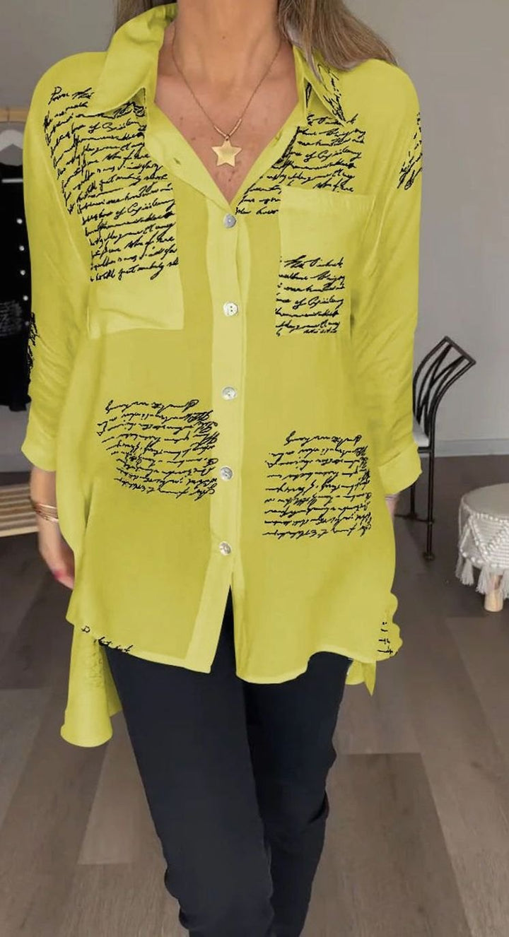 Women's Oversized Script-Print Button-Up Shirt - Yellow