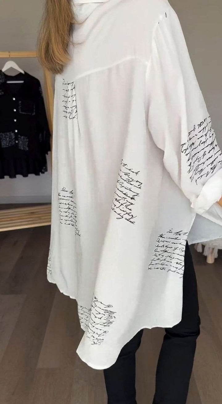 Women's Oversized Script-Print Button-Up Shirt
