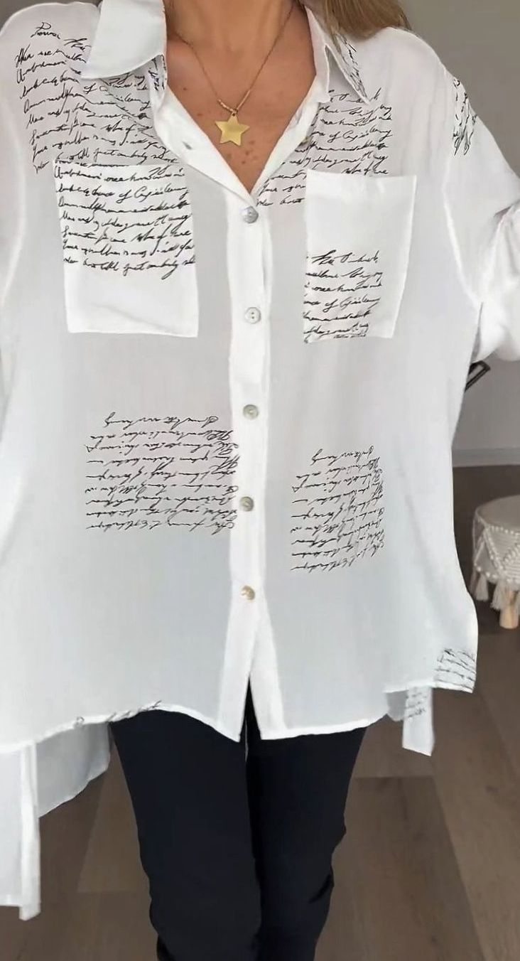 Women's Oversized Script-Print Button-Up Shirt