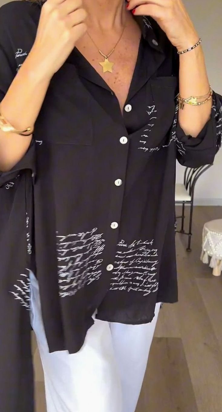 Women's Oversized Script-Print Button-Up Shirt