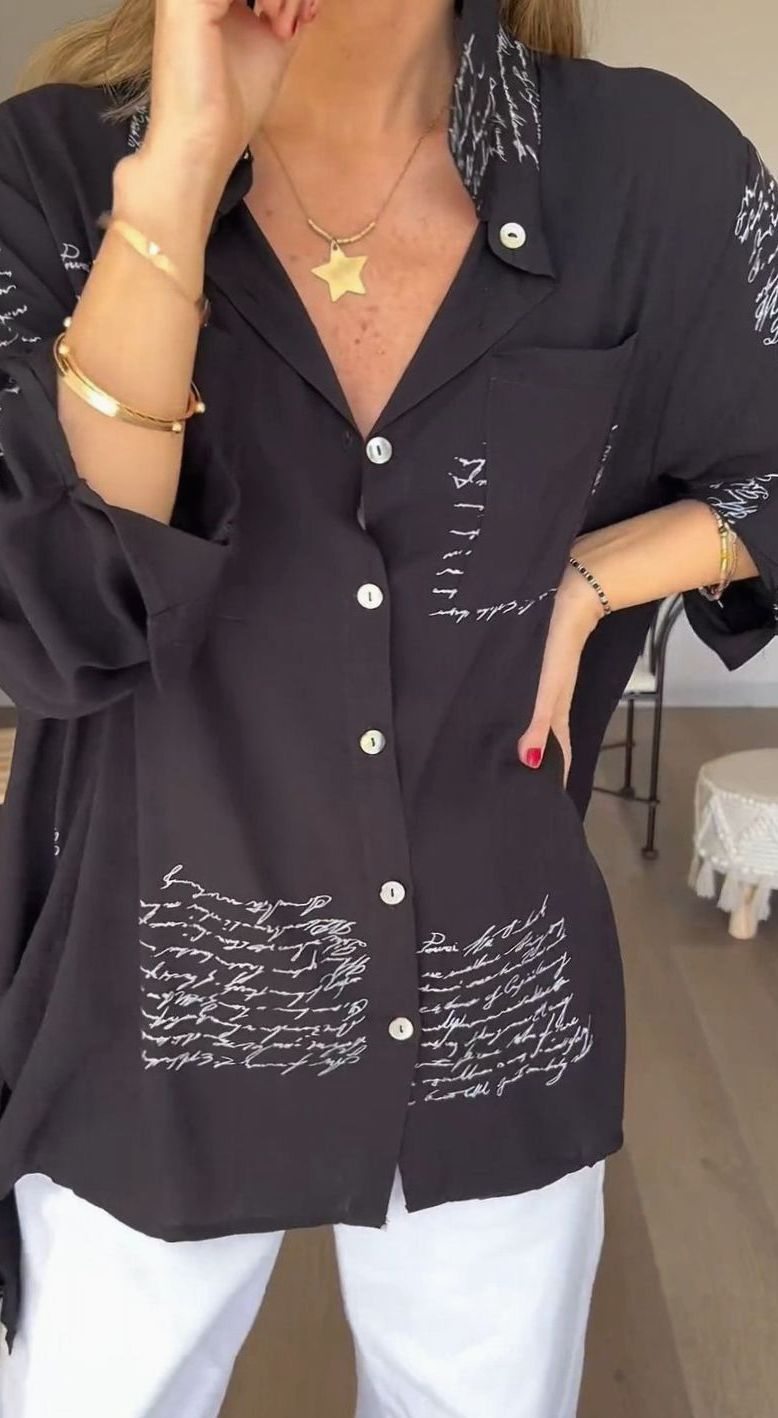 Women's Oversized Script-Print Button-Up Shirt - Black