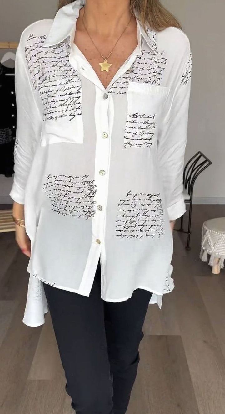 Women's Oversized Script-Print Button-Up Shirt - White