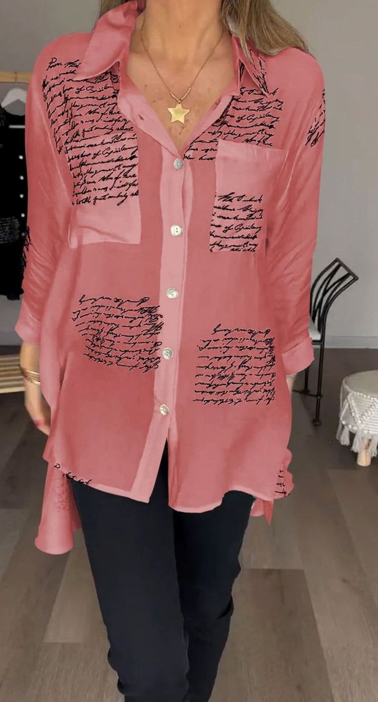 Women's Oversized Script-Print Button-Up Shirt - Red