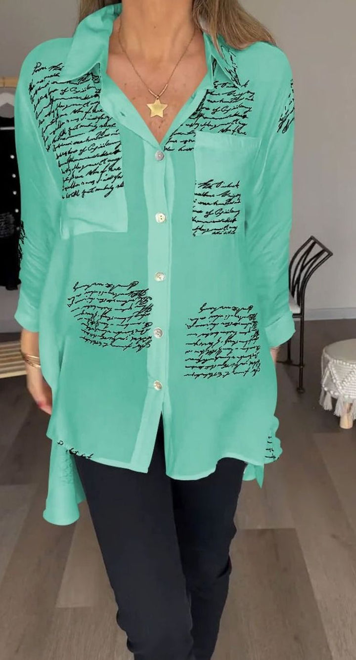 Women's Oversized Script-Print Button-Up Shirt - Green