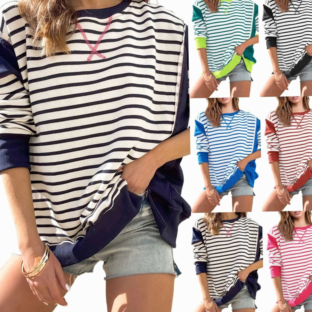 Women's Oversized Striped Colour-Block Crew-Neck Sweatshirt