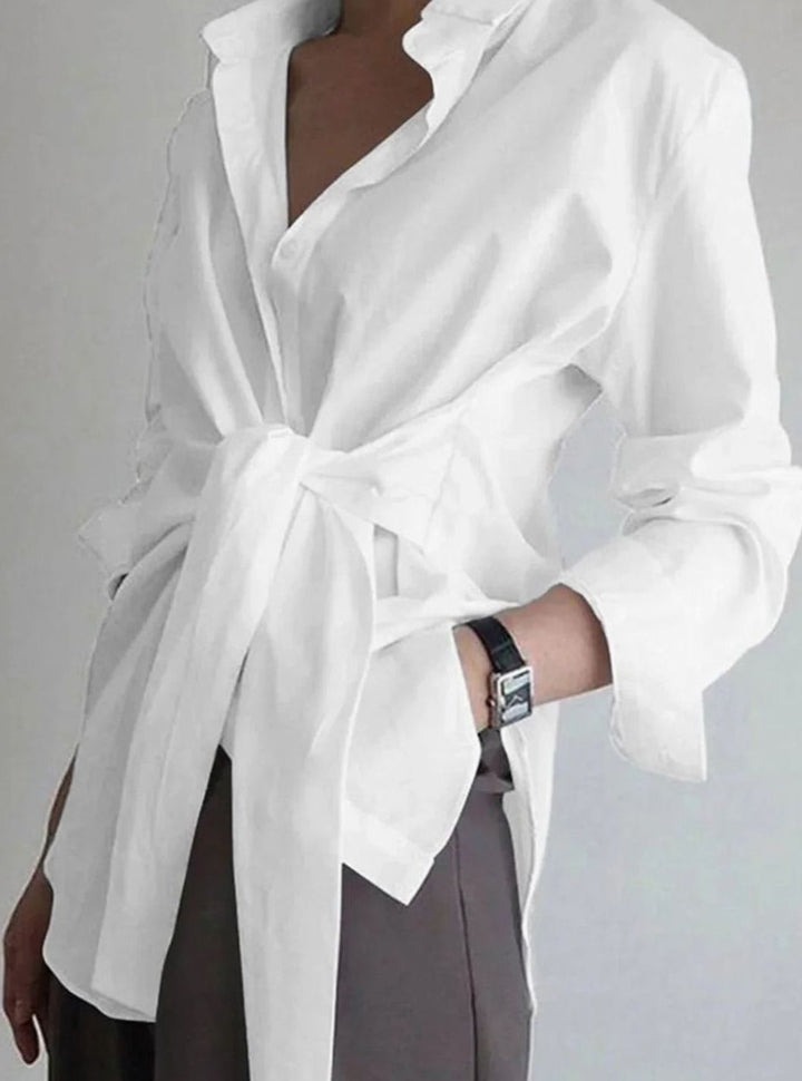 Women's Oversized Tie-Front Long-Sleeve Open-Collar Blouse