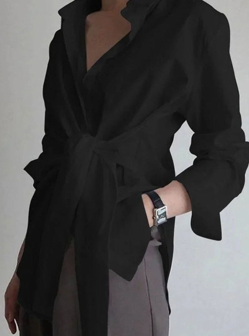 Women's Oversized Tie-Front Long-Sleeve Open-Collar Blouse