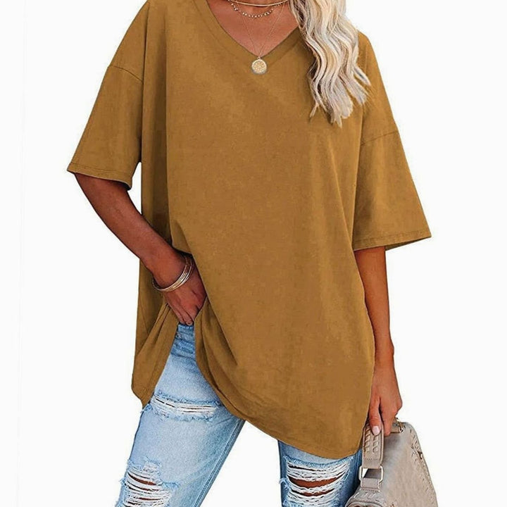 Women's Oversized V-Neck Half-Sleeve Casual T-Shirt - Khaki